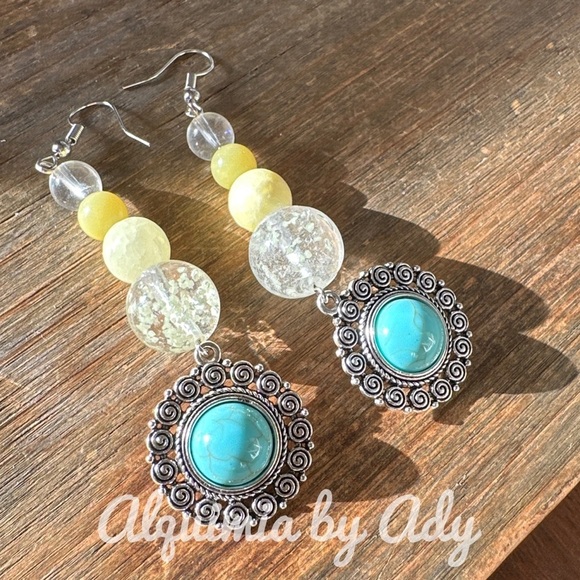 Alquimia Jewelry - Lemon jade extra long dangle turquoise earrings silver